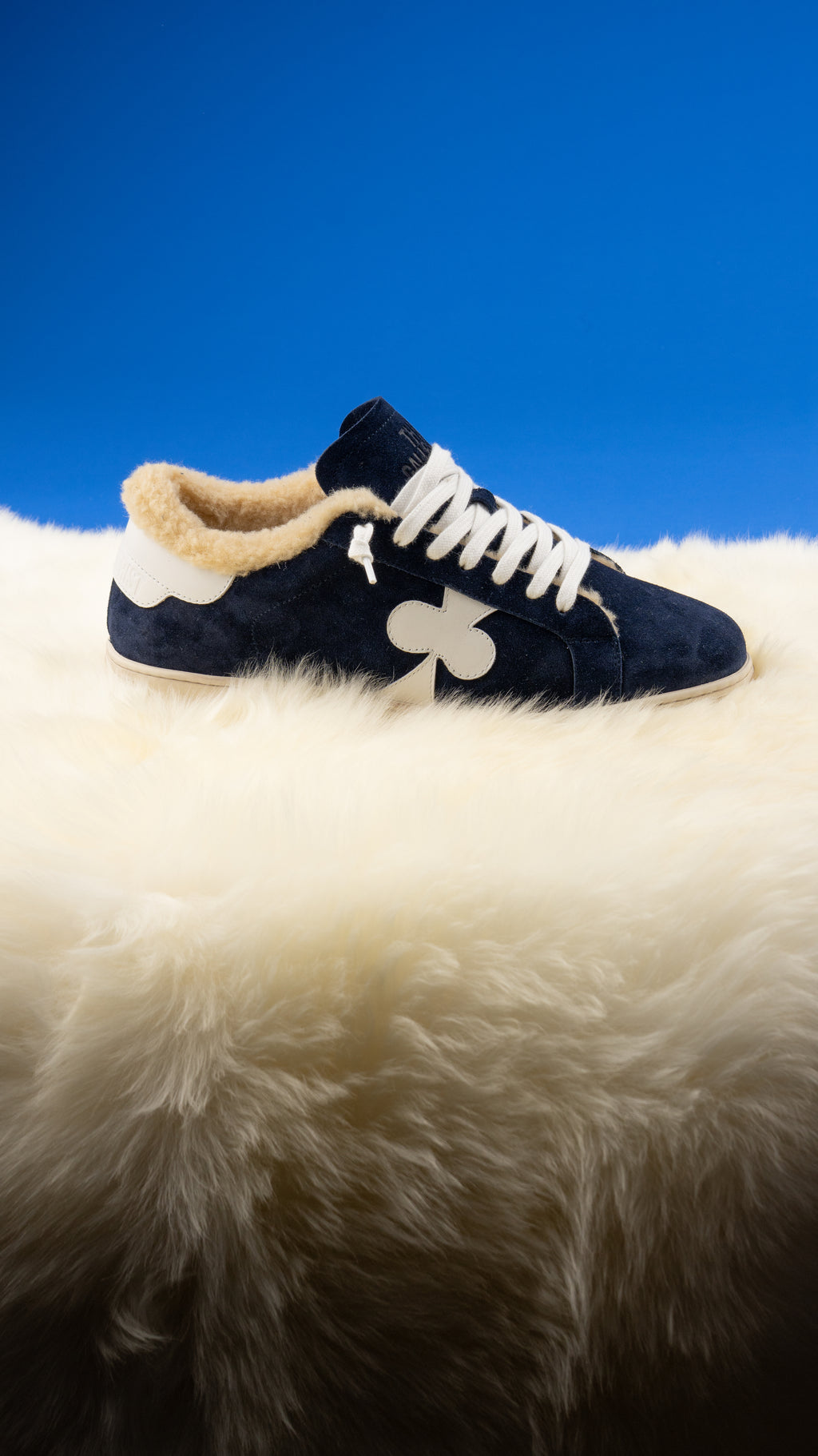 Geneva Wool Dark Blue on sheepskin against a blue backdrop