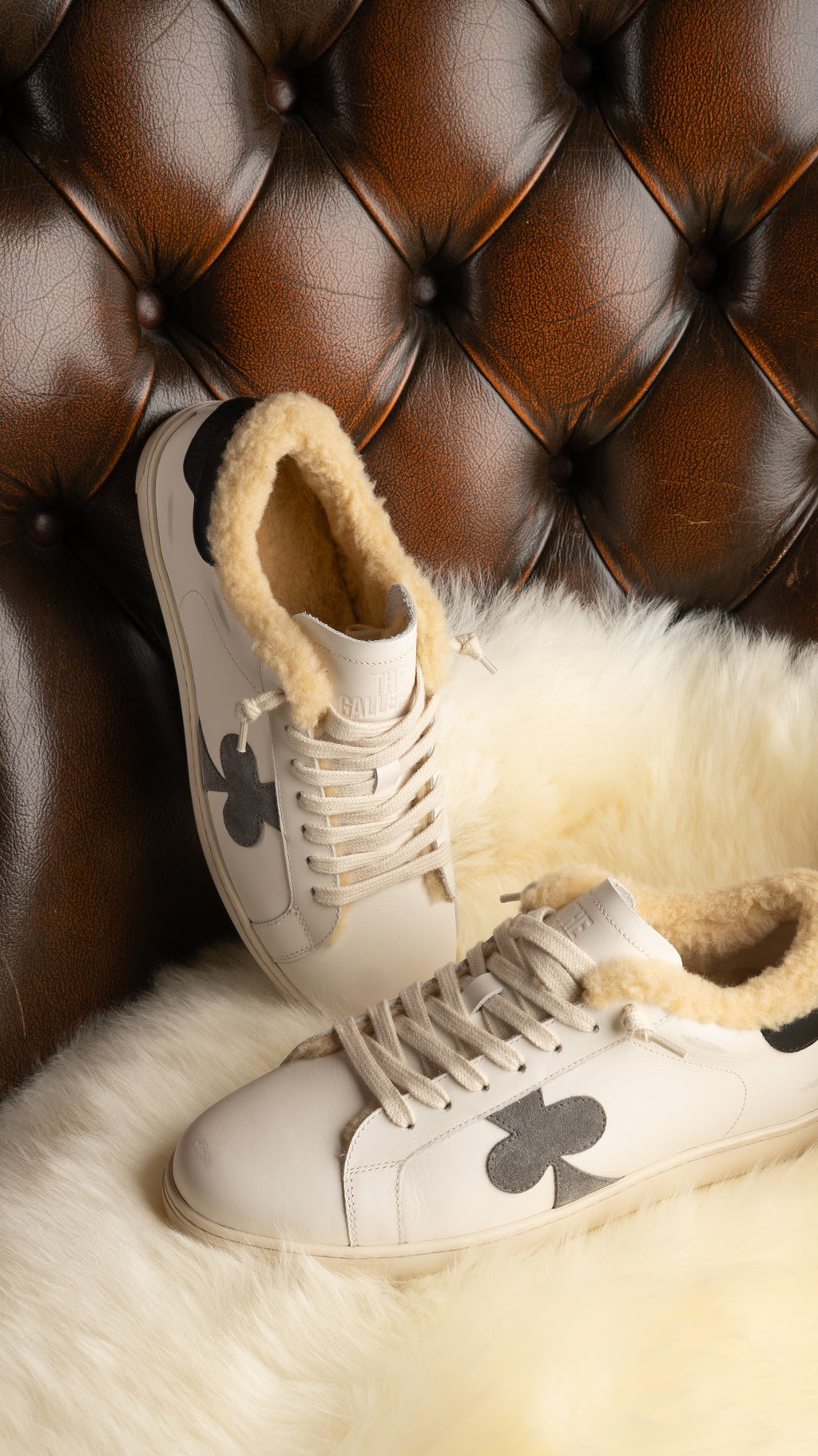 Geneva Wool Black Heel, pair on sheepskin and a chesterfield chair