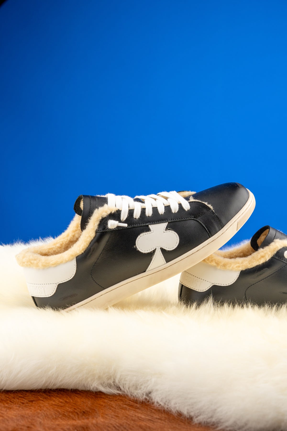 Geneva Wool Black and White on sheepskin against a blue backdrop