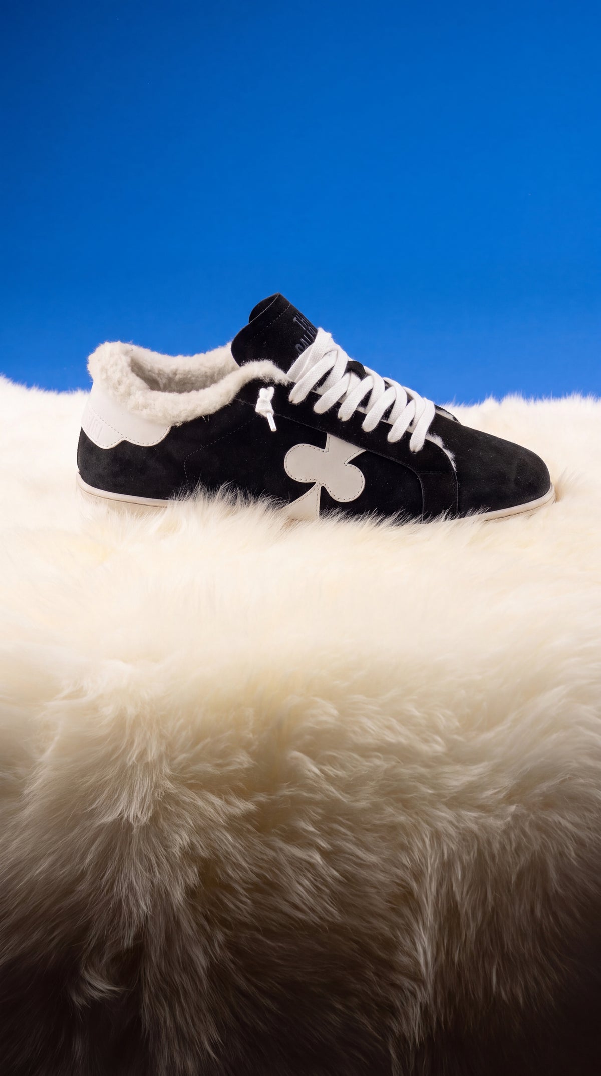 Geneva Wool Black Suede, on sheepskin against a blue backdrop
